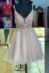 Rose Gold Straps Deep V Neck Appliques Tulle Corset Homecoming Dress outfit, Party Dress Near Me