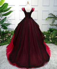 Unique Burgundy V Neck Tulle Long Corset Prom Dress, Burgundy Evening Dress outfit, Prom Dress With Slit