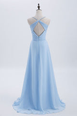 Blue Pleated Straps Chiffon Long Corset Bridesmaid Dress outfit, Bridesmaid Dress Design