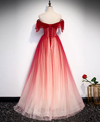 Burgundy Off Shoulder Tulle Long Corset Prom Dress, Burgundy Corset Formal Dress, 1 Gowns, Formal Dresses Shop