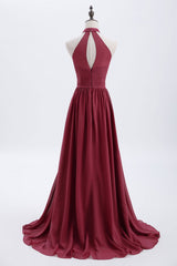 High Neck Burgundy Chiffon A-line Long Corset Bridesmaid Dress outfit, Formal Dress For Teens