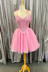 Pink Bow Tie Shoulder Appliques Tulle V Neck Corset Homecoming Dress outfit, Red Prom Dress