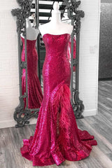 Fuchsia Sequin Feather Strapless Mermaid Long Corset Prom Dress with Slit Gowns, Formal Dress Online