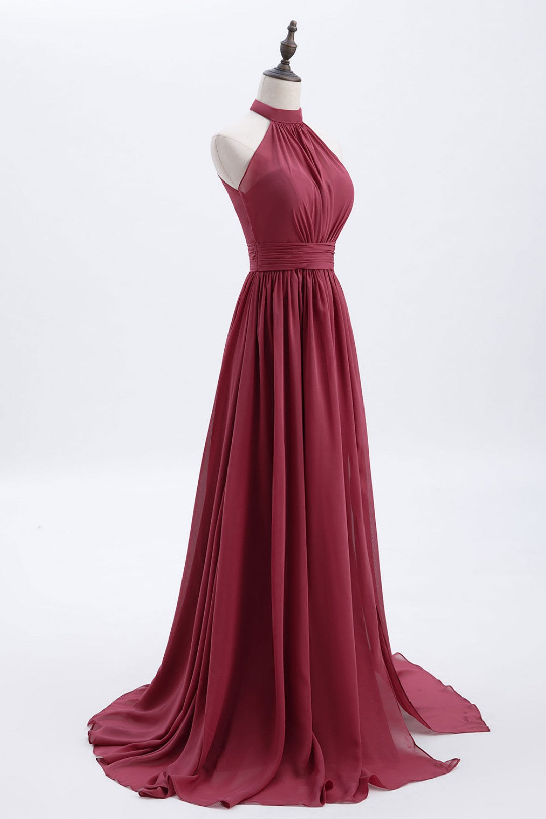 High Neck Burgundy Chiffon A-line Long Corset Bridesmaid Dress outfit, Formal Dresses For Teen