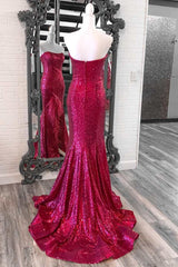 Fuchsia Sequin Feather Strapless Mermaid Long Corset Prom Dress with Slit Gowns, Formal Dresses Ideas