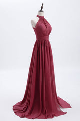 High Neck Burgundy Chiffon A-line Long Corset Bridesmaid Dress outfit, Formal Dresses For Teen