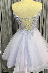 Lavender Strapless Appliques Tulle Lace-Up Corset Homecoming Dress outfit, Evening Dresses For Over 68