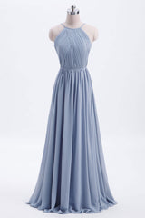 Misty Blue Scoop Chiffon A-line Long Corset Bridesmaid Dress outfit, Prom Dresses For Girl