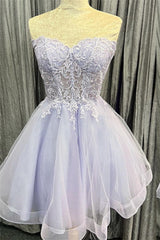 Lavender Strapless Appliques Tulle Lace-Up Corset Homecoming Dress outfit, Evening Dresses Knee Length