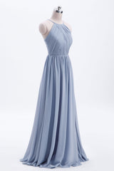 Misty Blue Scoop Chiffon A-line Long Corset Bridesmaid Dress outfit, Prom Dress Stores