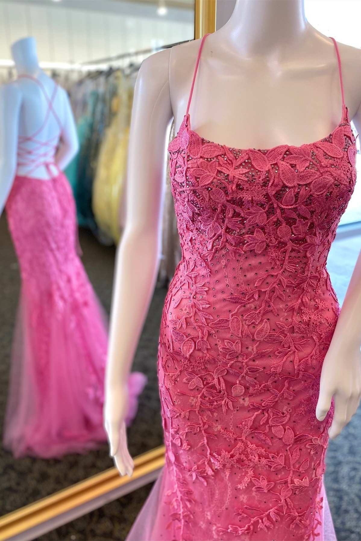 Hot Pink Appliques Beaded Lace-Up Back Mermaid Long Corset Formal Dress outfit, Formal Dresses Homecoming