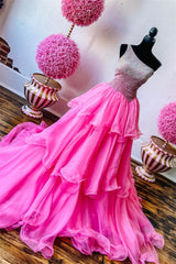 Hot Pink Beaded Top One Shoulder Layers Long Corset Prom Dress outfits, Formal Dresses Cocktail