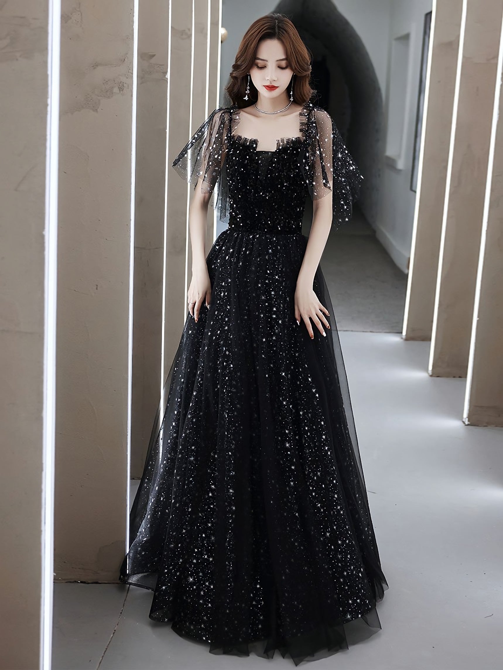 Black Tulle Off Shoulder Tulle Long Corset Prom Dress, Black Evening Dress outfit, Short Black Dress