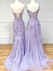 Purple Sweetheart Neck Lace Long Corset Prom Dresses, Purple Lace Graduation Dress outfits, Party Dress Party