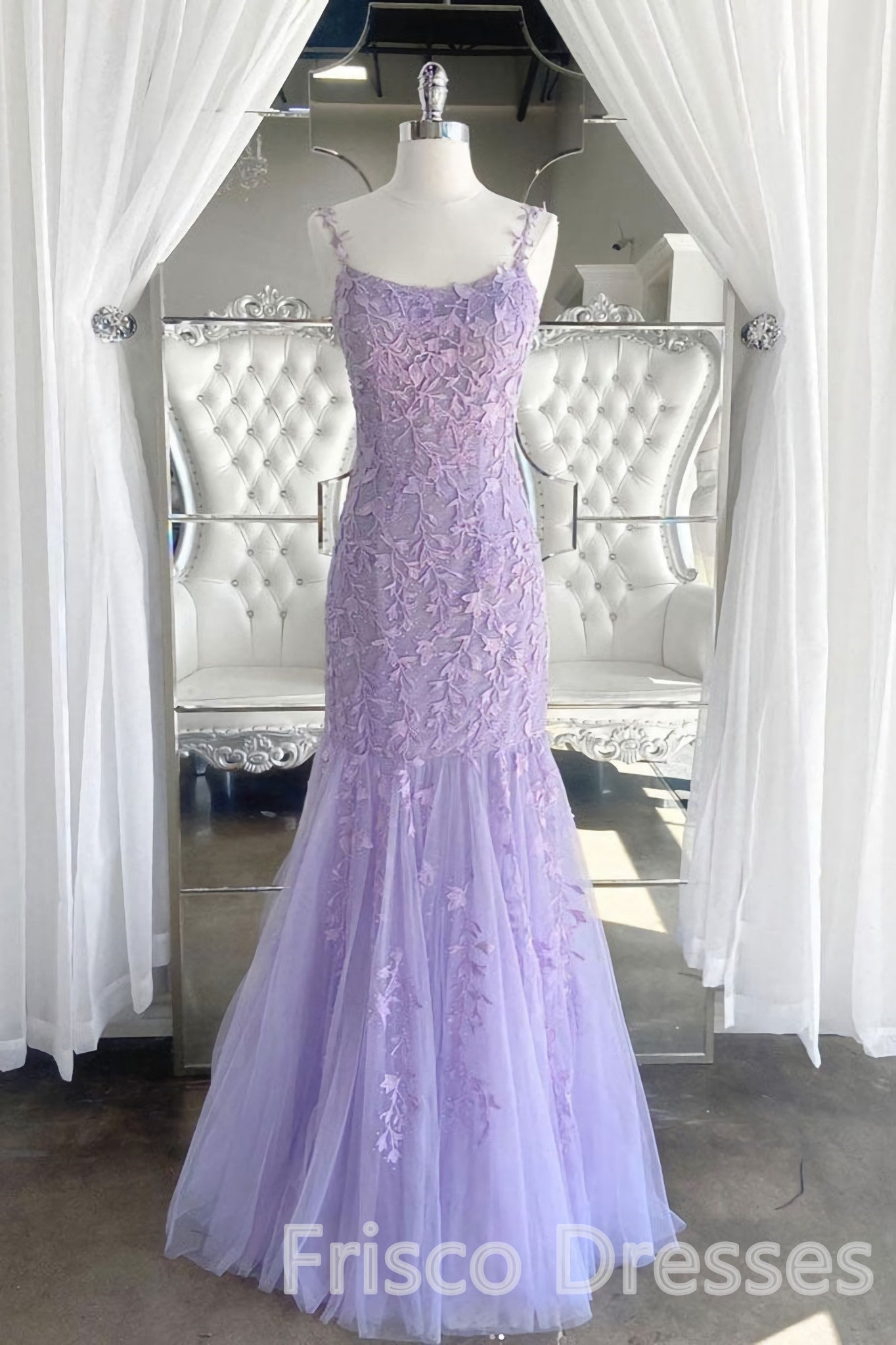 Lilac Spaghetti Straps Long Lace Tulle Evening Dresses Mermaid Appliques Corset Prom Dresses outfit, Party Dress Online
