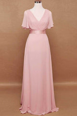 Pink V-Neck Ruffled A-Line Long Corset Bridesmaid Dress outfit, Bridesmaids Dresses Blue