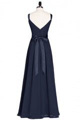 Navy Blue V-Neck Tie-Back A-Line Long Corset Bridesmaid Dress outfit, Prom Dress Princess