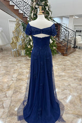 Dark Blue Off-Shoulder Floral A-line Long Mother of Brides Dress Gowns, Party Dresses Long Dress