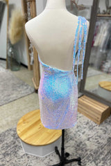 Light Blue Sequin One-Shoulder Flowers Short Party Dress Outfits, Homecoming Dress 2041