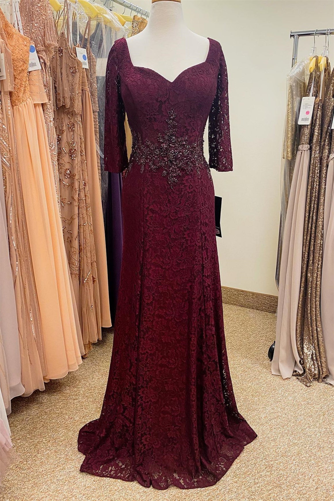 Burgundy Lace Beaded Half Sleeves Long Mother of Bride Dress outfit, Braids