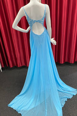 Sky Blue Chiffon Floral Keyhole A-line Long Corset Prom Dress outfits, Formal Dresses Ball Gown