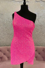 Hot Pink One Shoulder Sequins Straps Sheath Corset Homecoming Dress with Tassels Gowns, Formal Dress To Attend Wedding