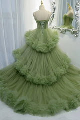 Princess Spaghetti Straps Green Tulle Long Dress A line Tiered Corset Formal Dress outfit, Party Dress Emerald Green