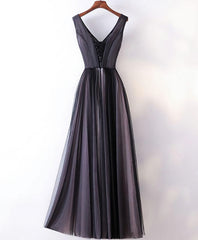Black V Neck Lace Applique Tulle Long Corset Prom Dress, Black Evening Dress outfit, Prom Dress Prom Dress