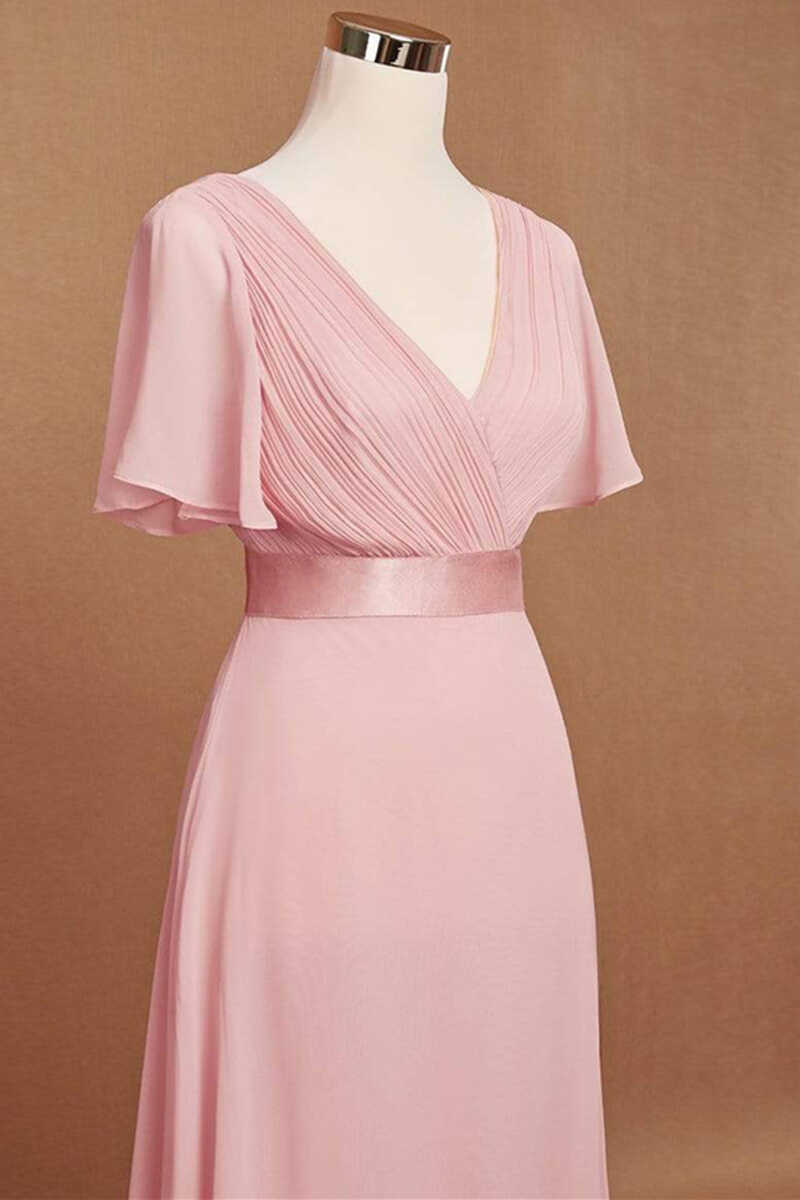 Pink V-Neck Ruffled A-Line Long Corset Bridesmaid Dress outfit, Bridesmaids Dresses With Sleeves