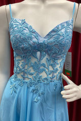 Sky Blue Chiffon Floral Keyhole A-line Long Corset Prom Dress outfits, Formal Dress Simple
