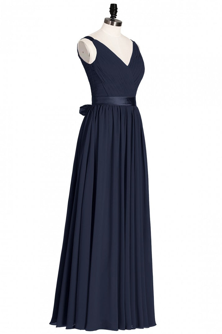 Navy Blue V-Neck Tie-Back A-Line Long Corset Bridesmaid Dress outfit, Prom Dresse Princess
