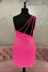Hot Pink One Shoulder Sequins Straps Sheath Corset Homecoming Dress with Tassels Gowns, Formal Dresses Wedding Guest