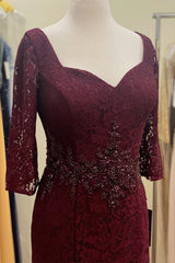 Burgundy Lace Beaded Half Sleeves Long Mother of Bride Dress outfit, Bridesmaid Dresses Strapless