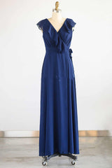 Navy Blue Ruffled Tie-Side Long Corset Bridesmaid Dress outfit, Prom Dresses2042