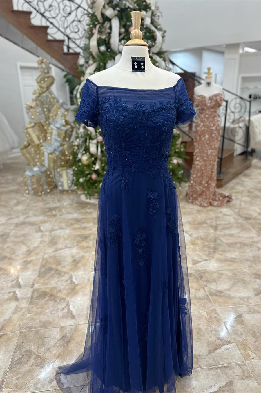 Dark Blue Off-Shoulder Floral A-line Long Mother of Brides Dress Gowns, Party Dress Trends