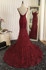Burgundy Trumpet Sweep Train V Neck Mid Back Appliques Beading Long Corset Prom Dresses outfit, Bridesmaid Dresses For Girls