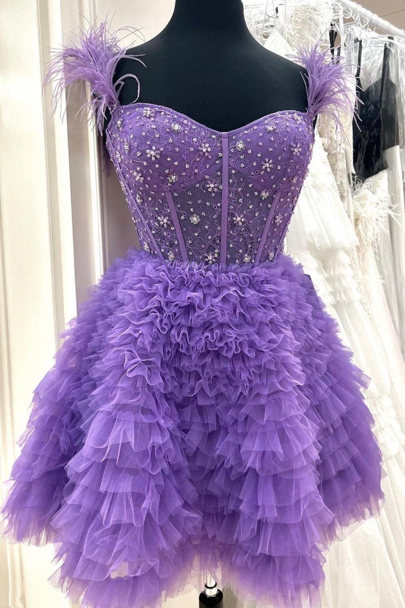 Purple Tulle Beaded Knee Length Corset Prom Dress, A-Line Party Dress Outfits, Black Tie Wedding