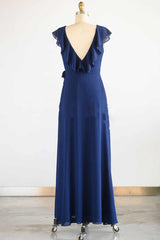 Navy Blue Ruffled Tie-Side Long Corset Bridesmaid Dress outfit, Prom Dresses Around Me