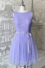 A-line Scoop Neck Tulle Lace Mini Corset Bridesmaid Dress with Sash Gowns, Summer Dress