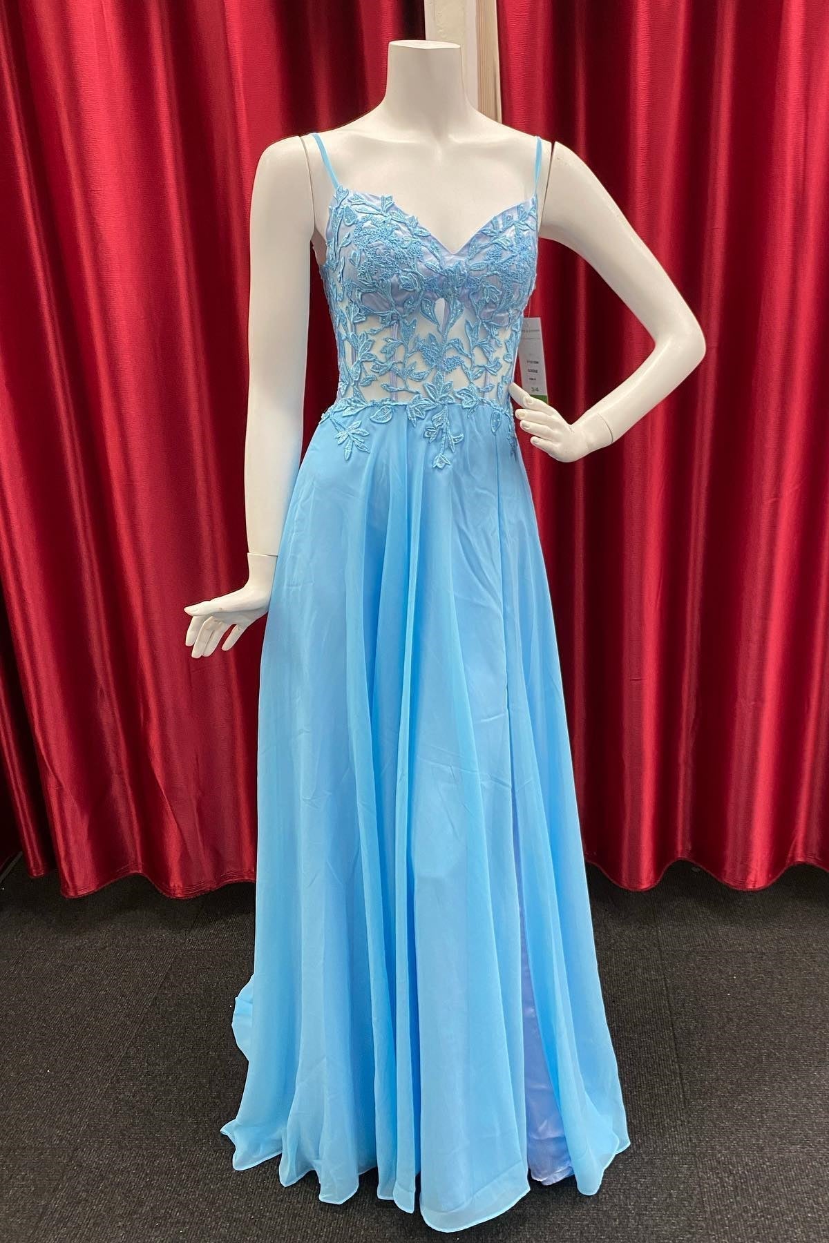 Sky Blue Chiffon Floral Keyhole A-line Long Corset Prom Dress outfits, Formal Dresses Simple