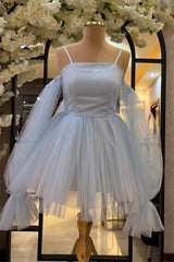 White Cold Shoulder Straps Puff Long Sleeves Corset Homecoming Dress outfit, Evening Dresses Knee Length