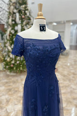 Dark Blue Off-Shoulder Floral A-line Long Mother of Brides Dress Gowns, Party Dresses Ladies