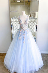 Blue V-Neck Tulle Lace Long Corset Prom Dresses, Elegant Blue Corset Formal Dresses outfit, Cocktail Party Outfit