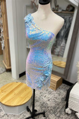 Light Blue Sequin One-Shoulder Flowers Short Party Dress Outfits, Homecoming Dress Shops Near Me