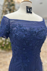 Dark Blue Off-Shoulder Floral A-line Long Mother of Brides Dress Gowns, Party Dress Websites