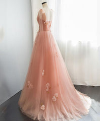 Pink V Neck Tulle Long Corset Prom Dress, Tulle Evening Dress outfit, Homecoming Dresses Simpl