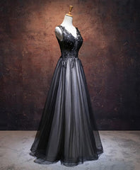 Black V Neck Tulle Lace Applique Long Corset Prom Dress, Black Evening Dress, 1 Gowns, Prom Dress Trends For The Season