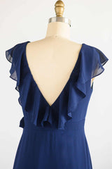 Navy Blue Ruffled Tie-Side Long Corset Bridesmaid Dress outfit, Prom Dressed 2042