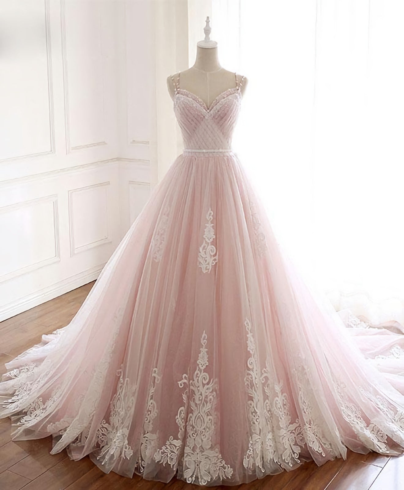 Pink Sweetheart Lace Tulle Long Corset Prom Dress, Lace Pink Evening Dress outfit, Homecoming Dresses Style