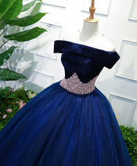 Dark Blue Tulle Off Shoulder Long Corset Prom Dress, Blue Sweet 16 Dress outfit, Evening Dresses Simple